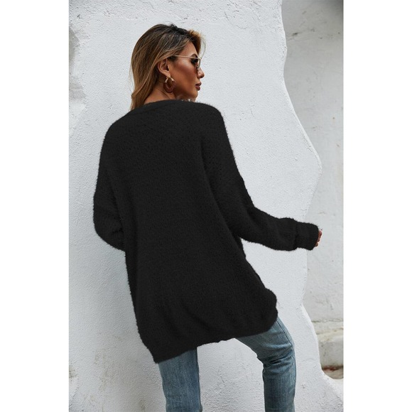 Open Front Openwork Fuzzy Cardigan with Pockets - Picture 8 of 11